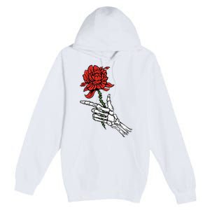 Skeleton Hand Holding A Red Rose Premium Pullover Hoodie