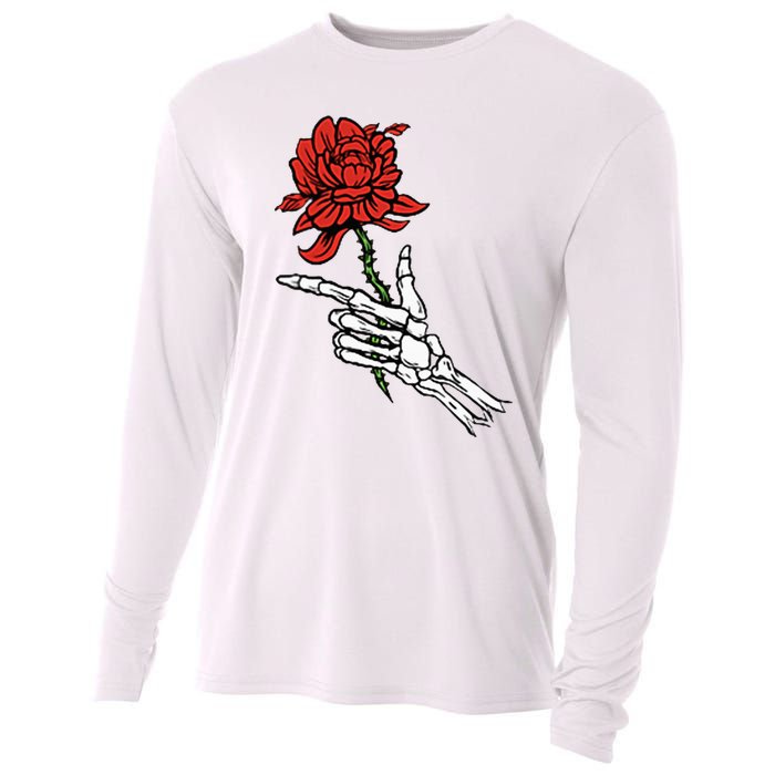 Skeleton Hand Holding A Red Rose Cooling Performance Long Sleeve Crew