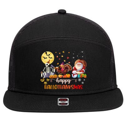 Skeleton Happy Hallothanksmas Halloween Thanksgiving Xmas Meaningful Gift 7 Panel Mesh Trucker Snapback Hat