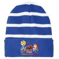 Skeleton Happy Hallothanksmas Halloween Thanksgiving Xmas Meaningful Gift Striped Beanie with Solid Band