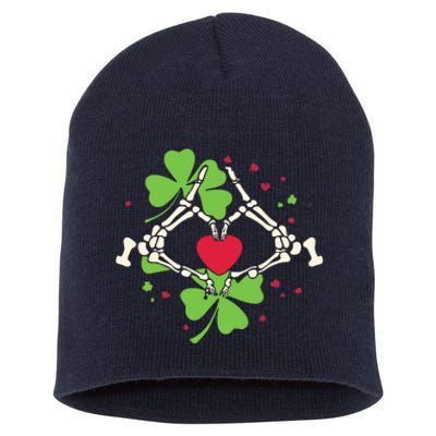 Skeleton Hand Heart Shamrock St Patricks Day Saint Paddys Short Acrylic Beanie