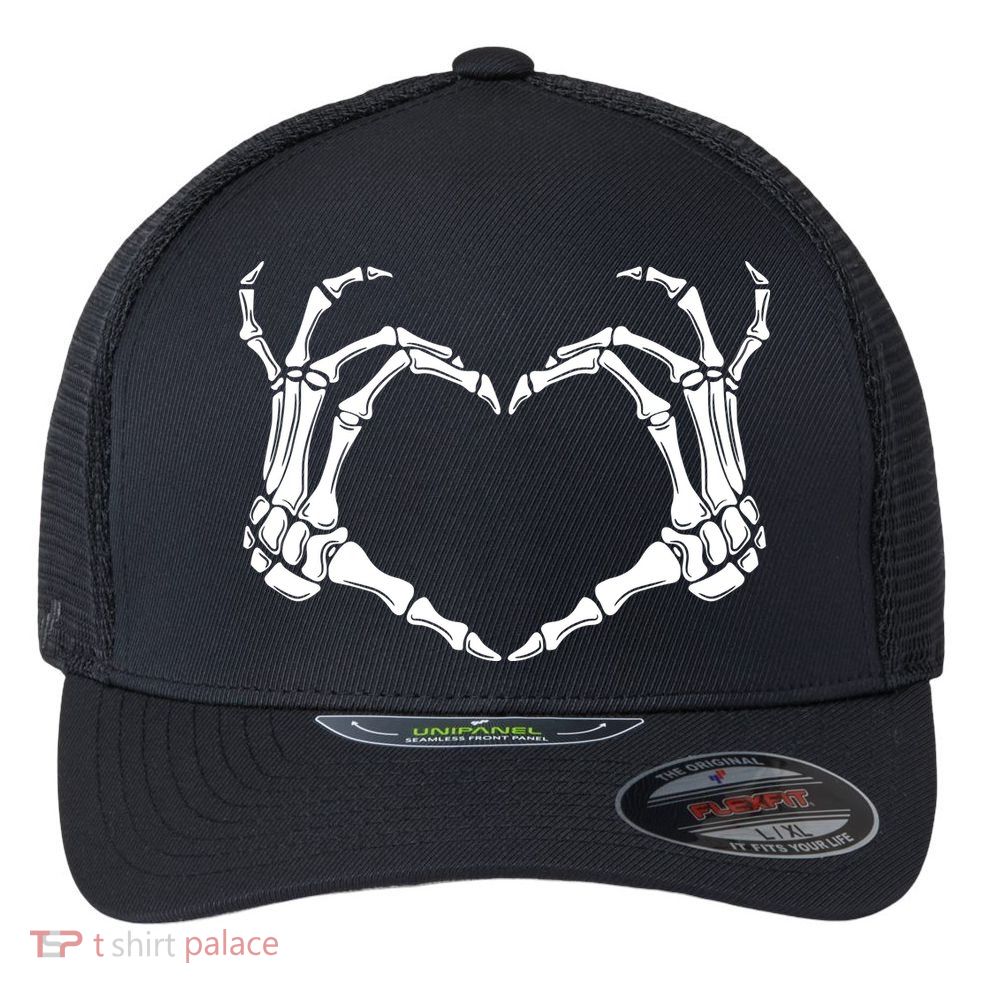 Skeleton Hand Heart Sign Funny Halloween Flexfit Unipanel Trucker Cap