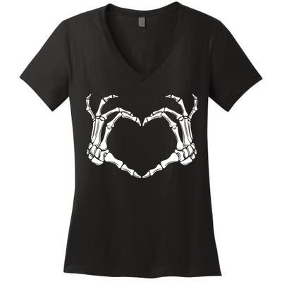 Skeleton Hand Heart Sign Funny Halloween Women's V-Neck T-Shirt