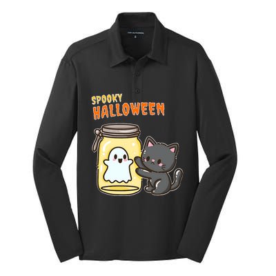 Spooky Happy Halloween Cat Silk Touch Performance Long Sleeve Polo