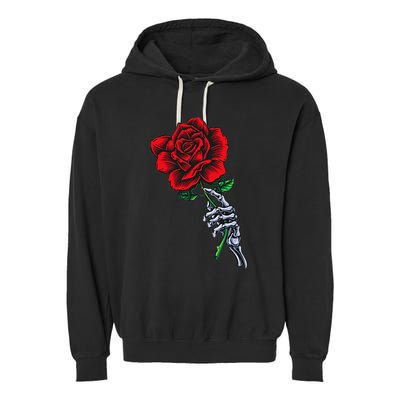 Skeleton Hand Holding Rose Aesthetic Red Flower Garment-Dyed Fleece Hoodie