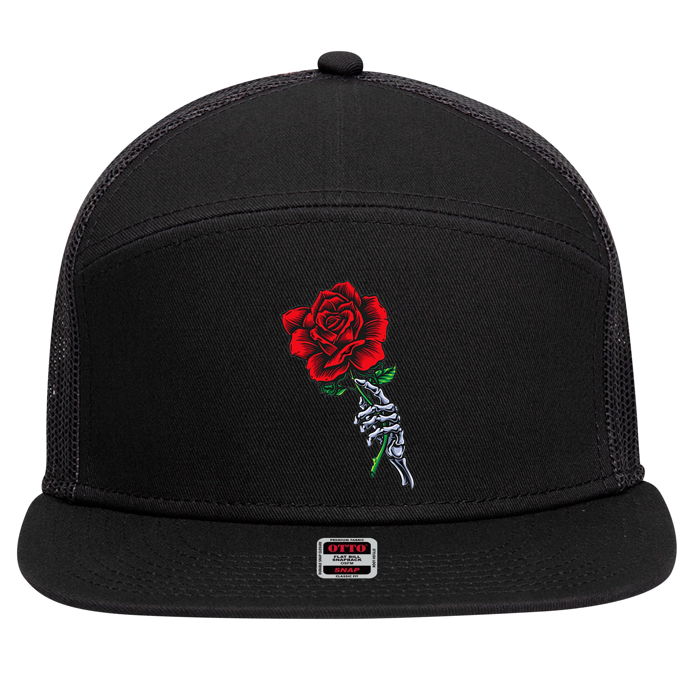 Skeleton Hand Holding Rose Aesthetic Red Flower 7 Panel Mesh Trucker Snapback Hat