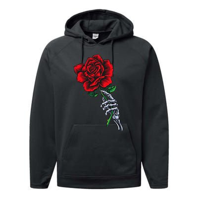 Skeleton Hand Holding Rose Aesthetic Red Flower Performance Fleece Hoodie