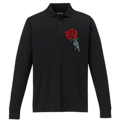 Skeleton Hand Holding Rose Aesthetic Red Flower Performance Long Sleeve Polo