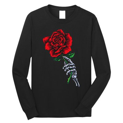 Skeleton Hand Holding Rose Aesthetic Red Flower Long Sleeve Shirt