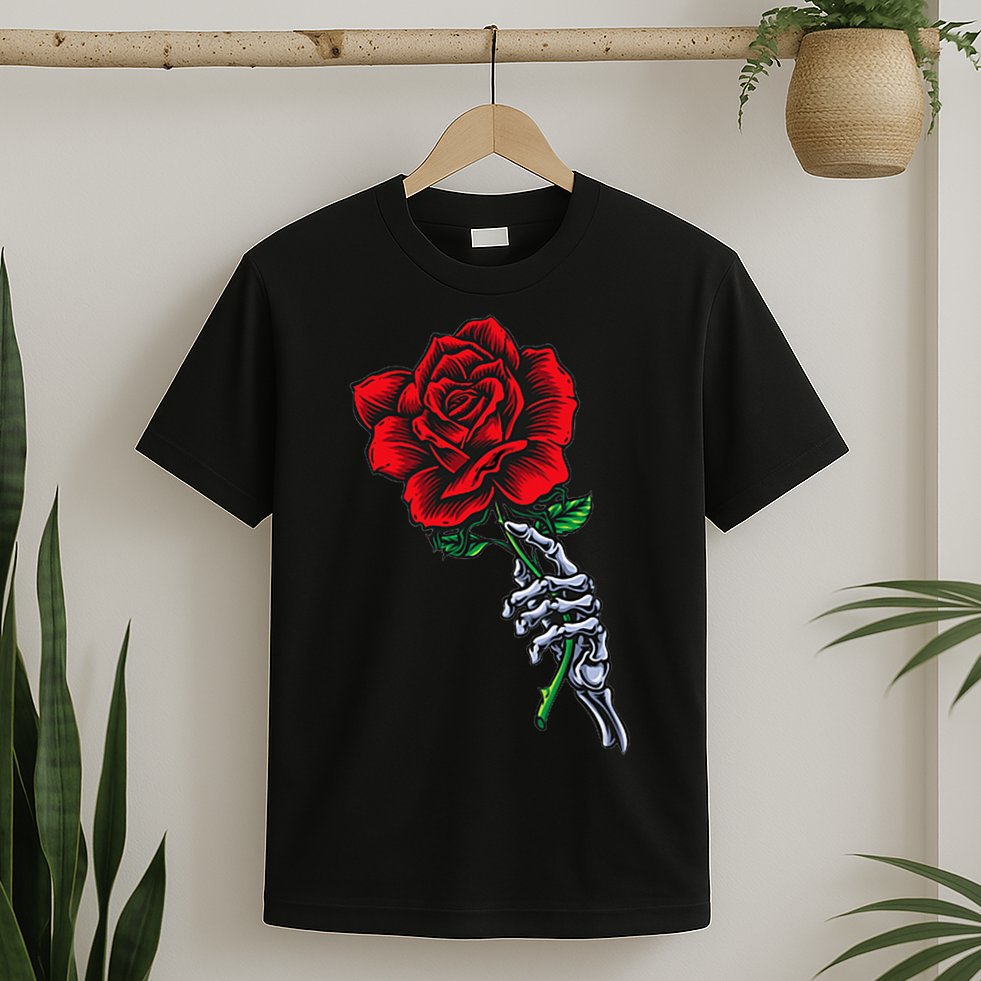 Skeleton Hand Holding Rose Aesthetic Red Flower T-Shirt