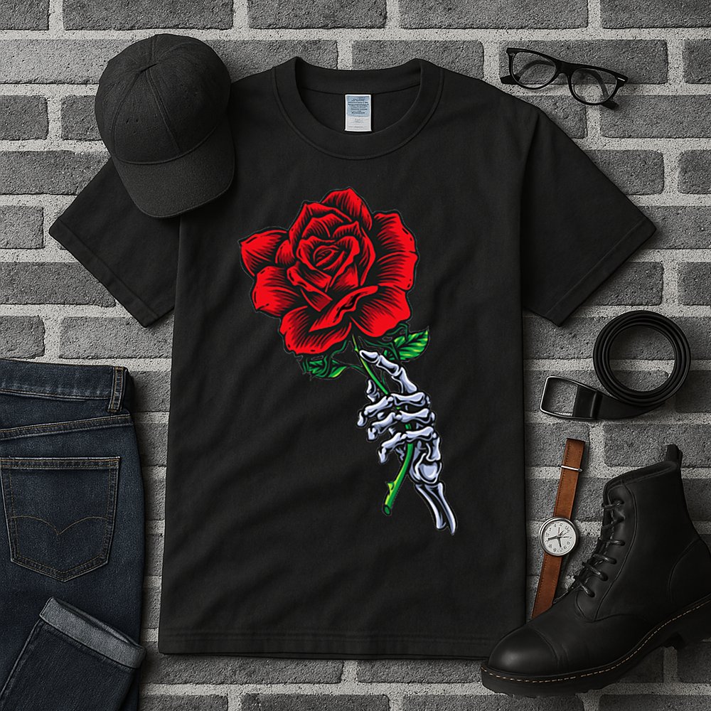 Skeleton Hand Holding Rose Aesthetic Red Flower Tall T-Shirt