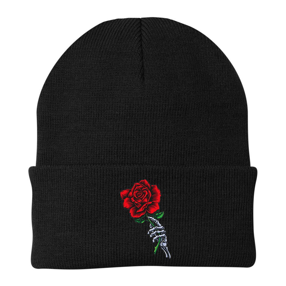 Skeleton Hand Holding Rose Aesthetic Red Flower Beanie