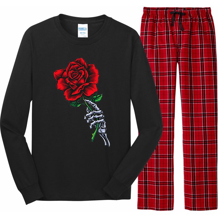 Skeleton Hand Holding Rose Aesthetic Red Flower Long Sleeve Pajama Set