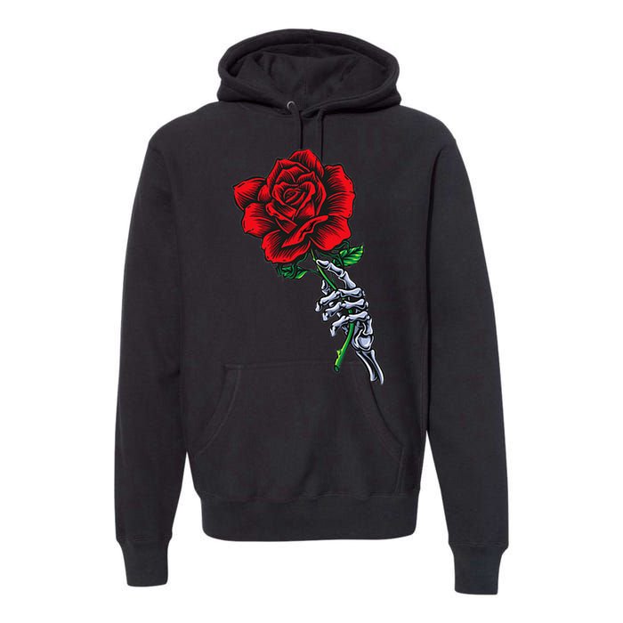 Skeleton Hand Holding Rose Aesthetic Red Flower Premium Hoodie