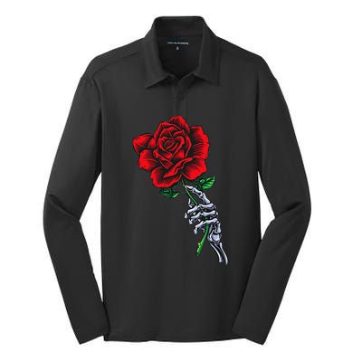 Skeleton Hand Holding Rose Aesthetic Red Flower Silk Touch Performance Long Sleeve Polo