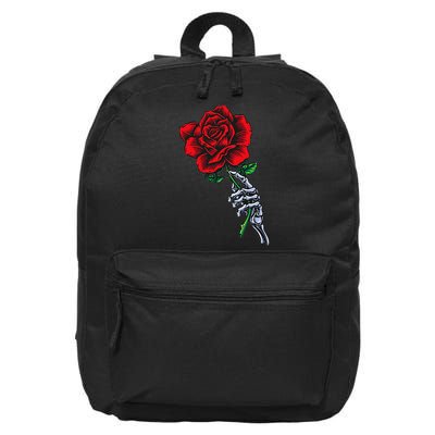 Skeleton Hand Holding Rose Aesthetic Red Flower 16 in Basic Backpack