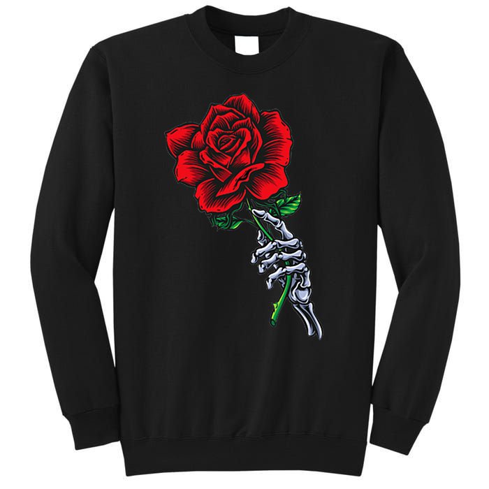 Skeleton Hand Holding Rose Aesthetic Red Flower Tall Sweatshirt