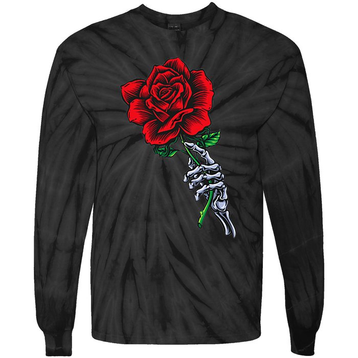 Skeleton Hand Holding Rose Aesthetic Red Flower Tie-Dye Long Sleeve Shirt