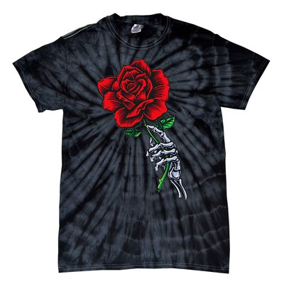 Skeleton Hand Holding Rose Aesthetic Red Flower Tie-Dye T-Shirt