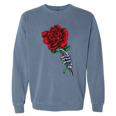 Skeleton Hand Holding Rose Aesthetic Red Flower Garment-Dyed Sweatshirt