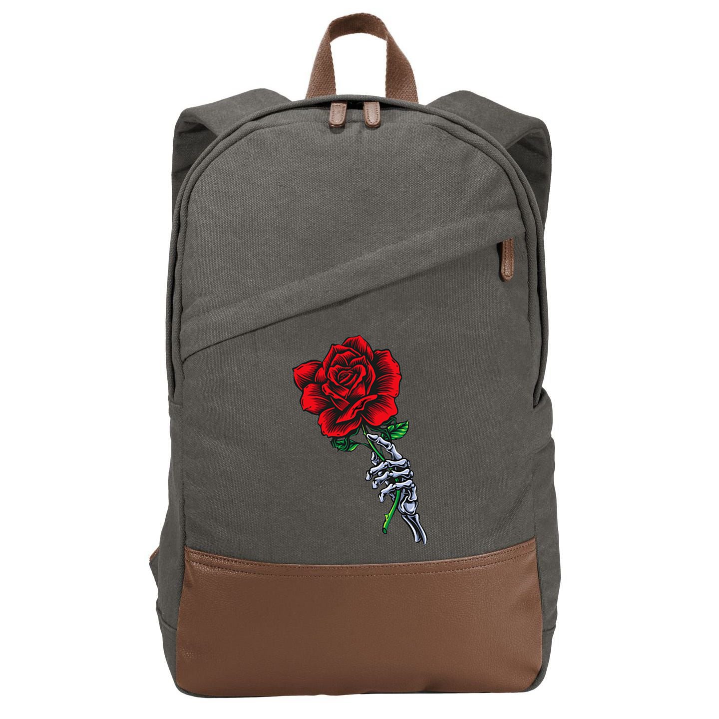 Skeleton Hand Holding Rose Aesthetic Red Flower Cotton Canvas Backpack
