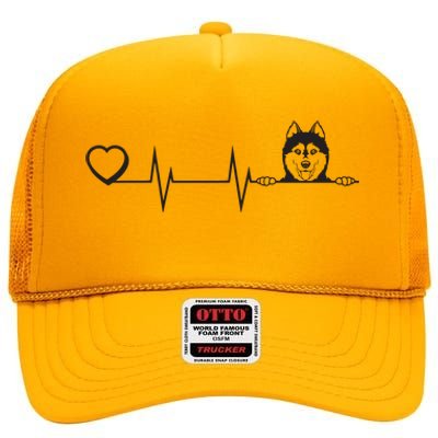 Siberian Husky Heartbeat Dog Breed Husky Heart High Crown Mesh Back Trucker Hat