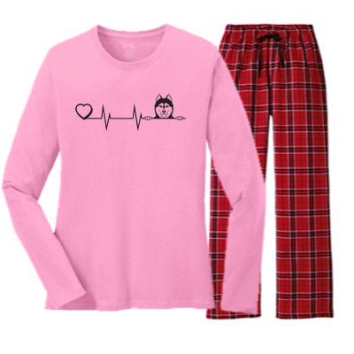 Siberian Husky Heartbeat Dog Breed Husky Heart Women's Long Sleeve Flannel Pajama Set 