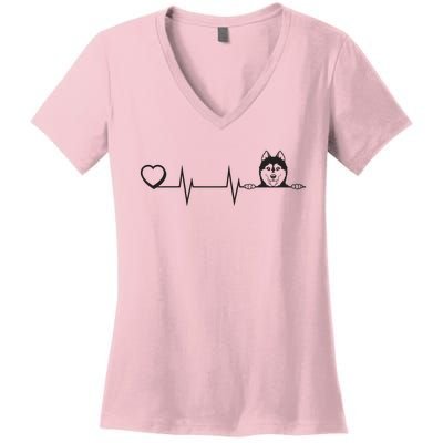 Siberian Husky Heartbeat Dog Breed Husky Heart Women's V-Neck T-Shirt