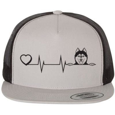 Siberian Husky Heartbeat Dog Breed Husky Heart Flat Bill Trucker Hat