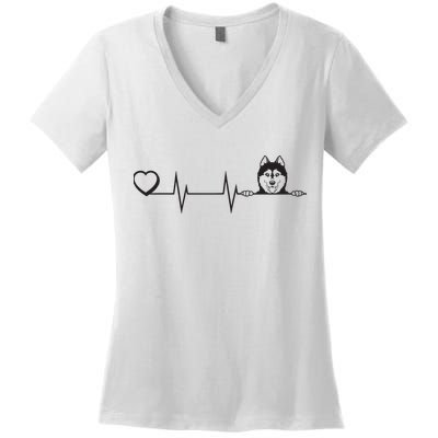 Siberian Husky Heartbeat Dog Breed Husky Heart Women's V-Neck T-Shirt
