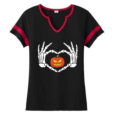 Skeleton Hands Heart Pumpkin Halloween And Gift Ladies Halftime Notch Neck Tee