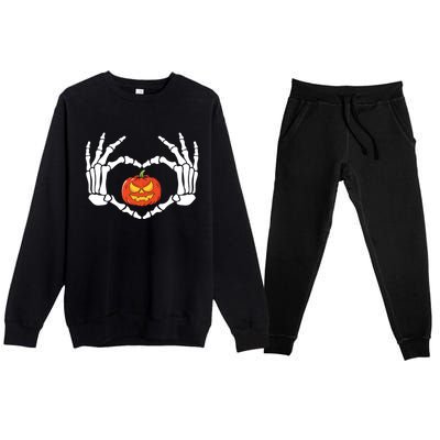 Skeleton Hands Heart Pumpkin Halloween And Gift Premium Crewneck Sweatsuit Set