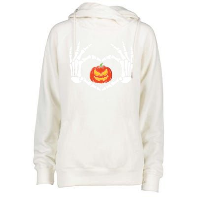 Skeleton Hands Heart Pumpkin Halloween And Gift Womens Funnel Neck Pullover Hood