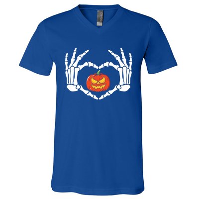 Skeleton Hands Heart Pumpkin Halloween And Gift V-Neck T-Shirt