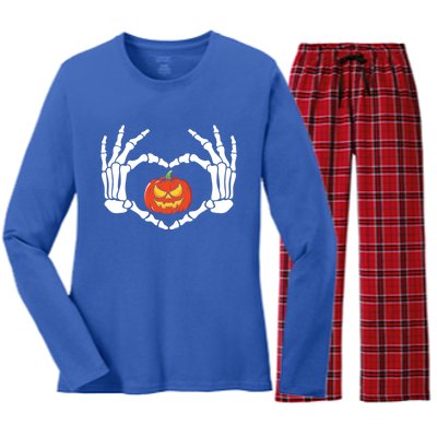 Skeleton Hands Heart Pumpkin Halloween And Gift Women's Long Sleeve Flannel Pajama Set 