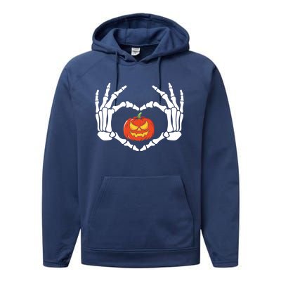 Skeleton Hands Heart Pumpkin Halloween And Gift Performance Fleece Hoodie