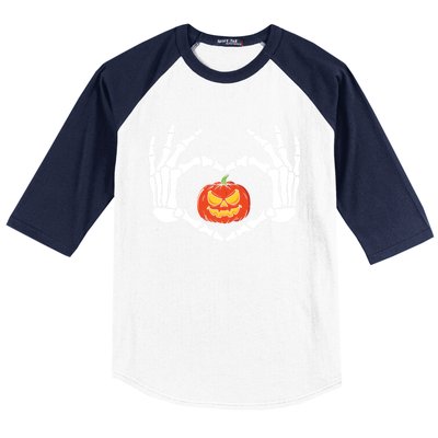 Skeleton Hands Heart Pumpkin Halloween And Gift Baseball Sleeve Shirt