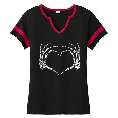 Skeleton Hands Heart Sign Retro Halloween Ladies Halftime Notch Neck Tee