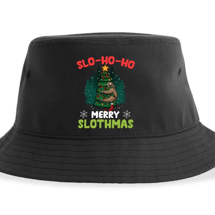 Slo Ho Ho Merry Slothmas Sloth Hugging Tree Merry Christmas Gift Sustainable Bucket Hat
