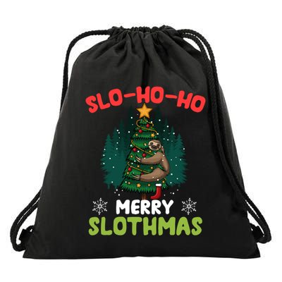 Slo Ho Ho Merry Slothmas Sloth Hugging Tree Merry Christmas Gift Drawstring Bag