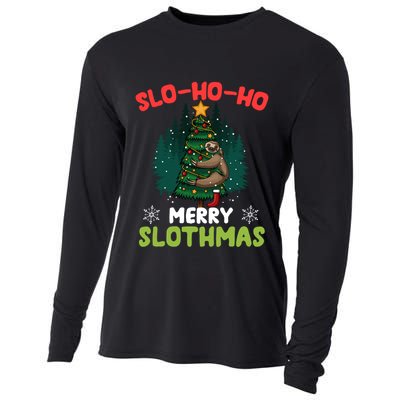Slo Ho Ho Merry Slothmas Sloth Hugging Tree Merry Christmas Gift Cooling Performance Long Sleeve Crew