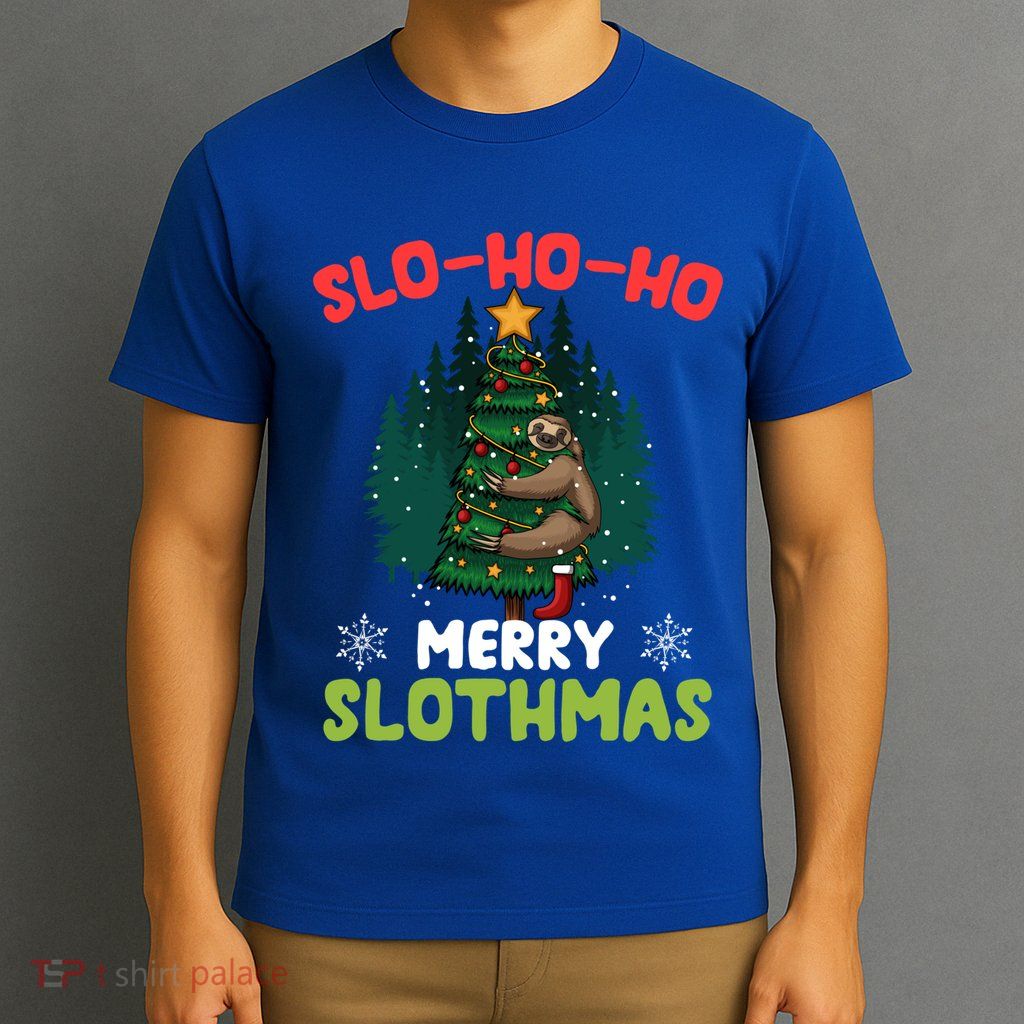 Slo Ho Ho Merry Slothmas Sloth Hugging Tree Merry Christmas Gift T-Shirt