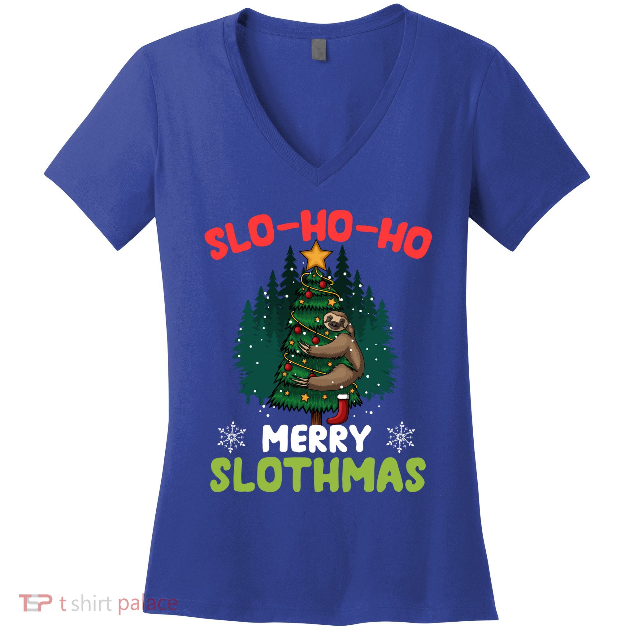 Slo Ho Ho Merry Slothmas Sloth Hugging Tree Merry Christmas Gift Women's V-Neck T-Shirt