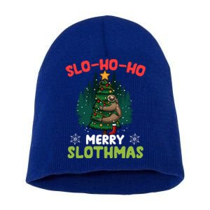 Slo Ho Ho Merry Slothmas Sloth Hugging Tree Merry Christmas Gift Short Acrylic Beanie