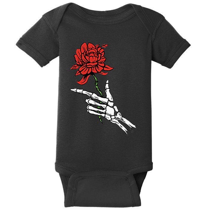 Skeleton Hand Holding A Red Rose Baby Bodysuit