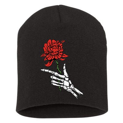 Skeleton Hand Holding A Red Rose Short Acrylic Beanie