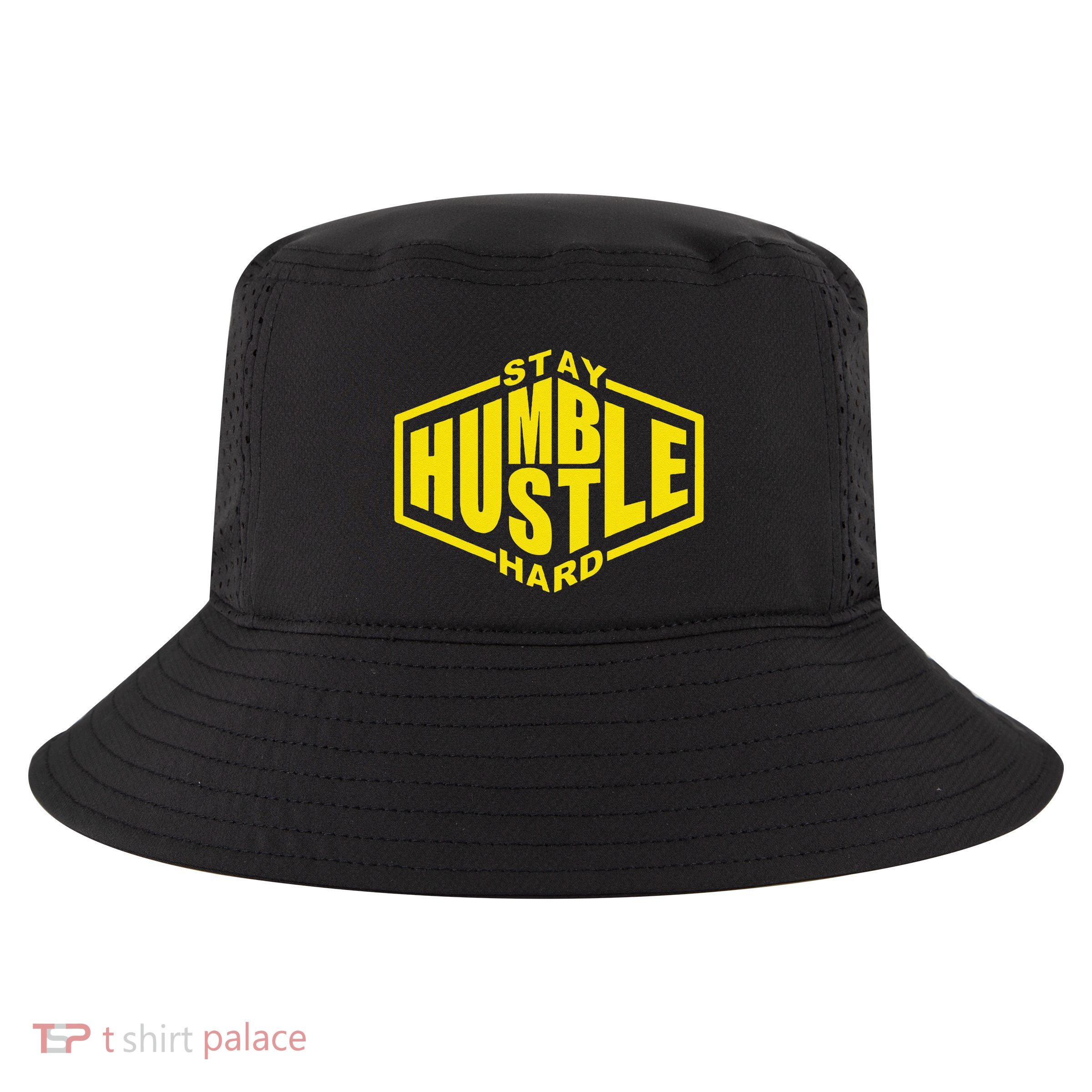 Stay Humble Hustle Hard Inspirational Bold Yellow Urban Vibe Cool Comfort Performance Bucket Hat