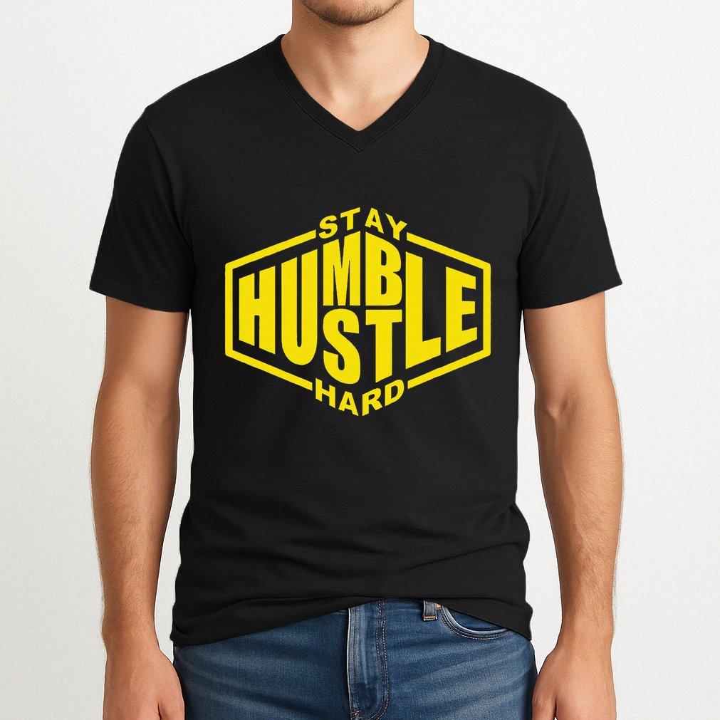 Stay Humble Hustle Hard Inspirational Bold Yellow Urban Vibe V-Neck T-Shirt