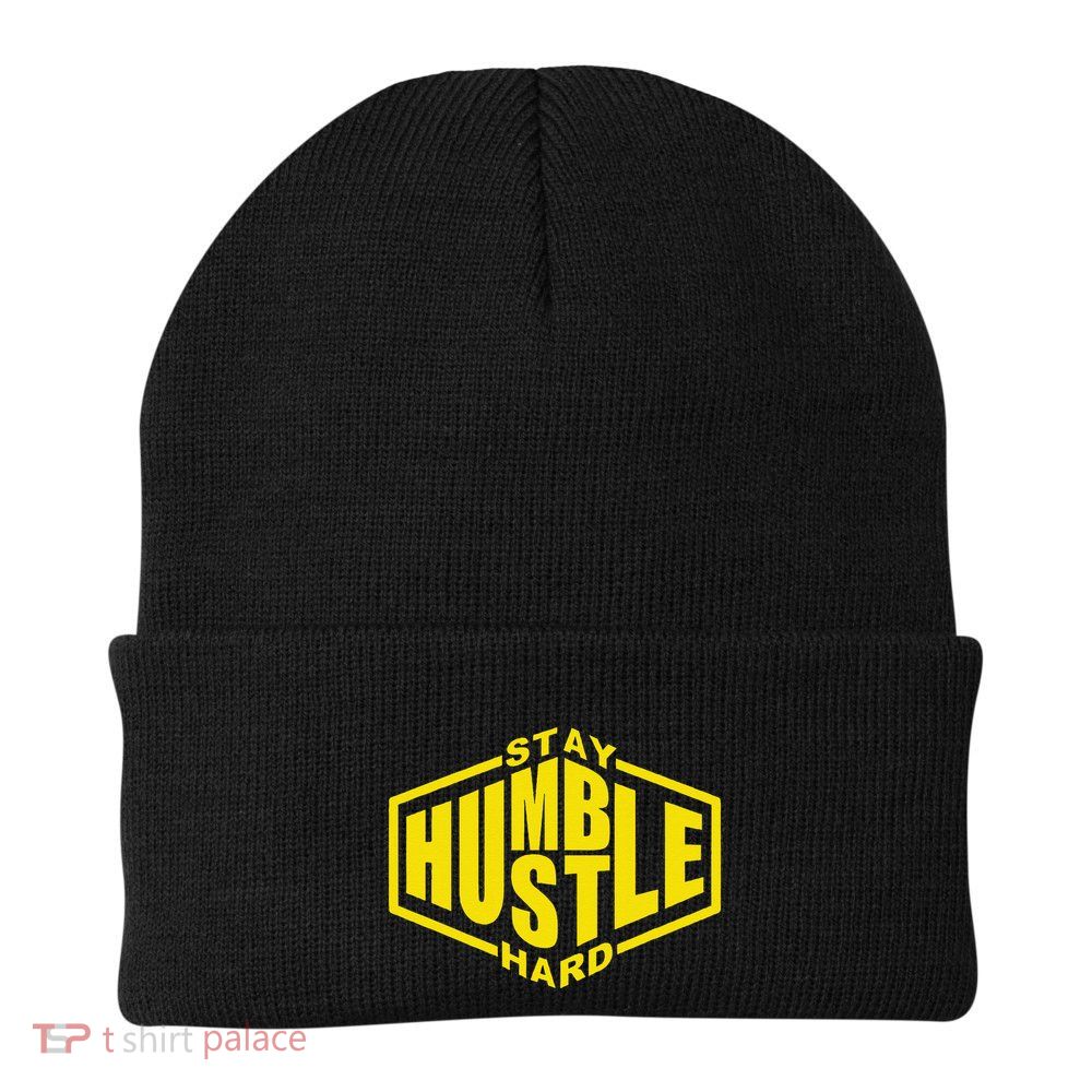 Stay Humble Hustle Hard Inspirational Bold Yellow Urban Vibe Beanie