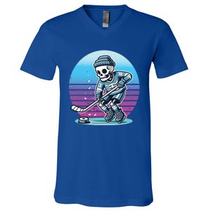 Skeleton Hockey Ice Uniform Beanie Puck Stick Playful Bones Funny Gift V-Neck T-Shirt